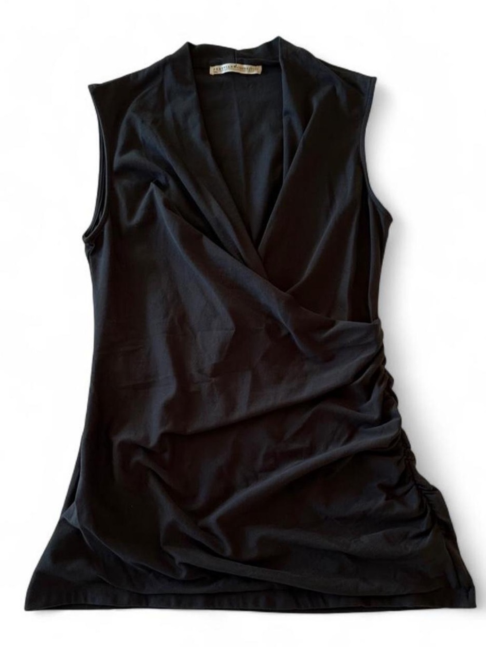 Peruvian Connection Pima Cotton Draped Ruched Faux Wrap Top Charcoal Minimalist - Picture 4 of 8
